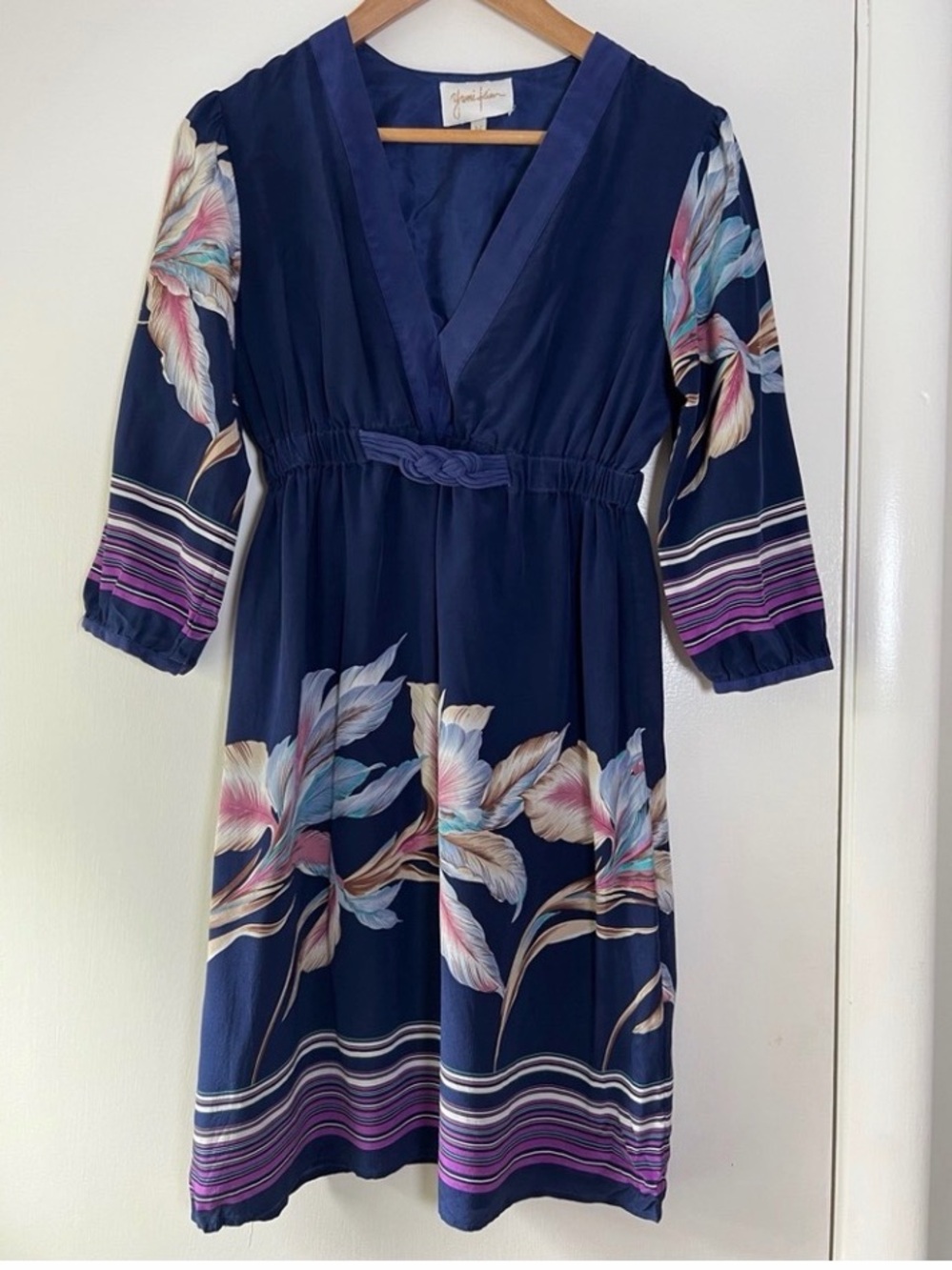 Yumi Kim 100% Silk Dress Hawaiian Orchid Stripe Party Wedding Guest Date Night